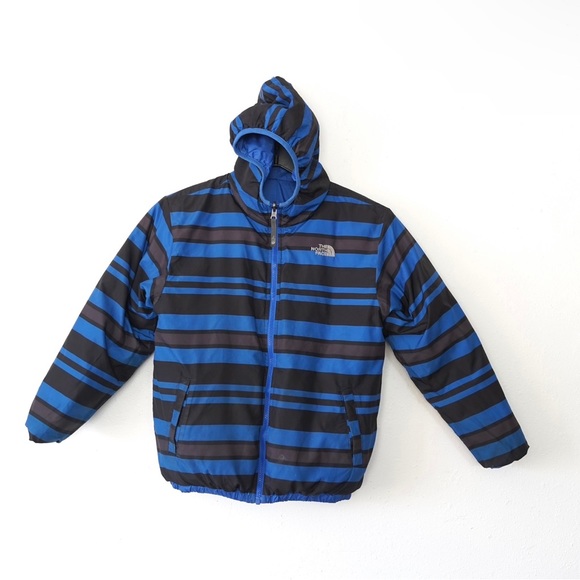 The Northface 550 Y Boys 14/16 Puffer Jacket Full Zip Hood Blue Reversible - Picture 6 of 11
